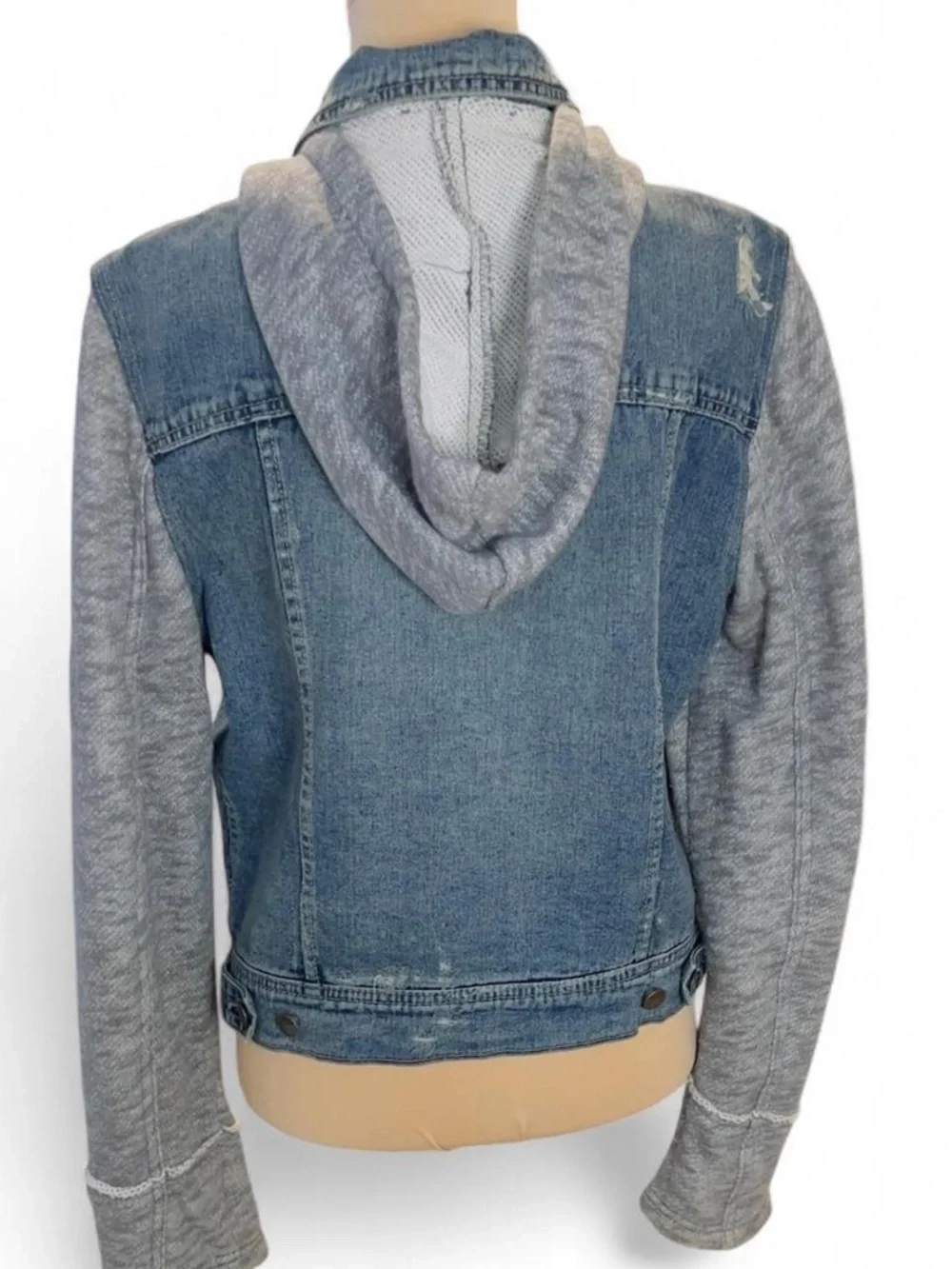Free People Distressed Denim Jacket with Jersey Sleeves & Detachable Hood - Picture 2 of 8